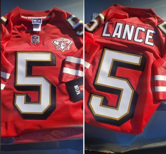 Men's San Francisco 49ers #5 Trey Lance 2021 75th Anniversary Red Throwback NFL Stitched Jersey Men's San Francisco 49ers #5 Trey Lance 2021 75th Anniversary Red Throwback NFL Stitched Jersey